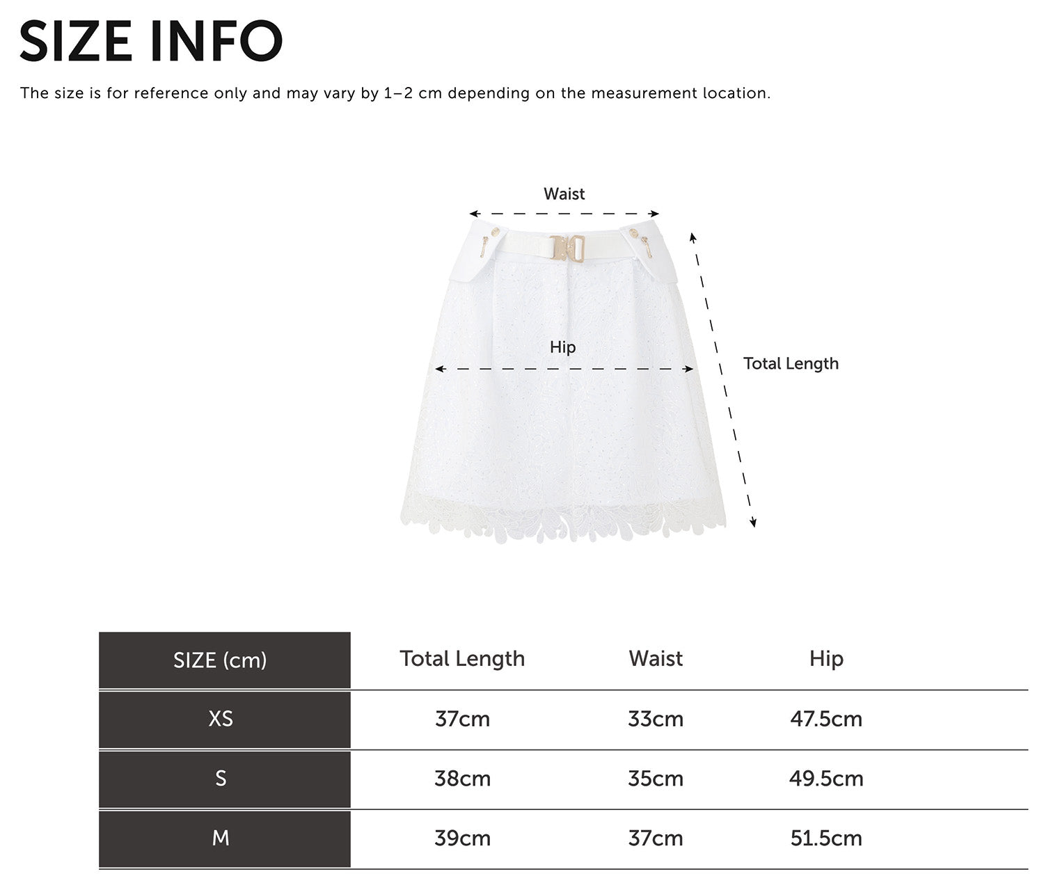 Size Chart for Lace Layer Skirt