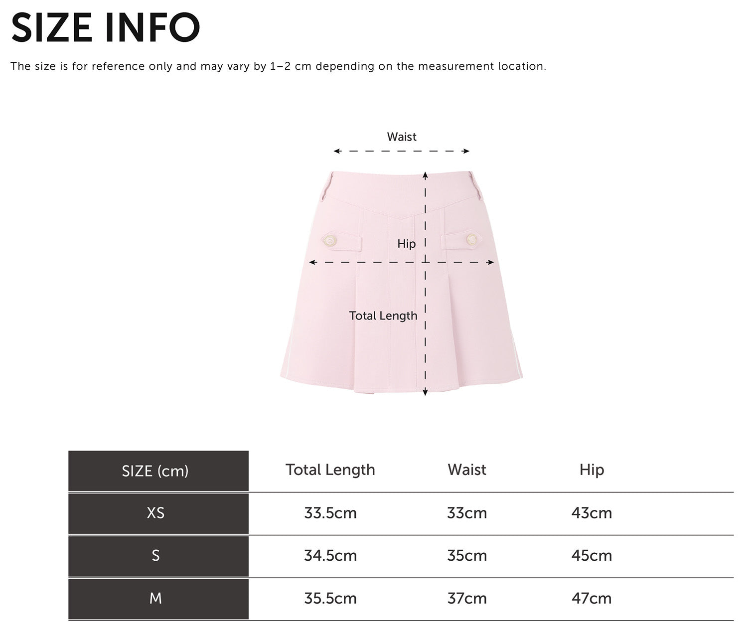Size Chart for Front Piping Tuck Skirt