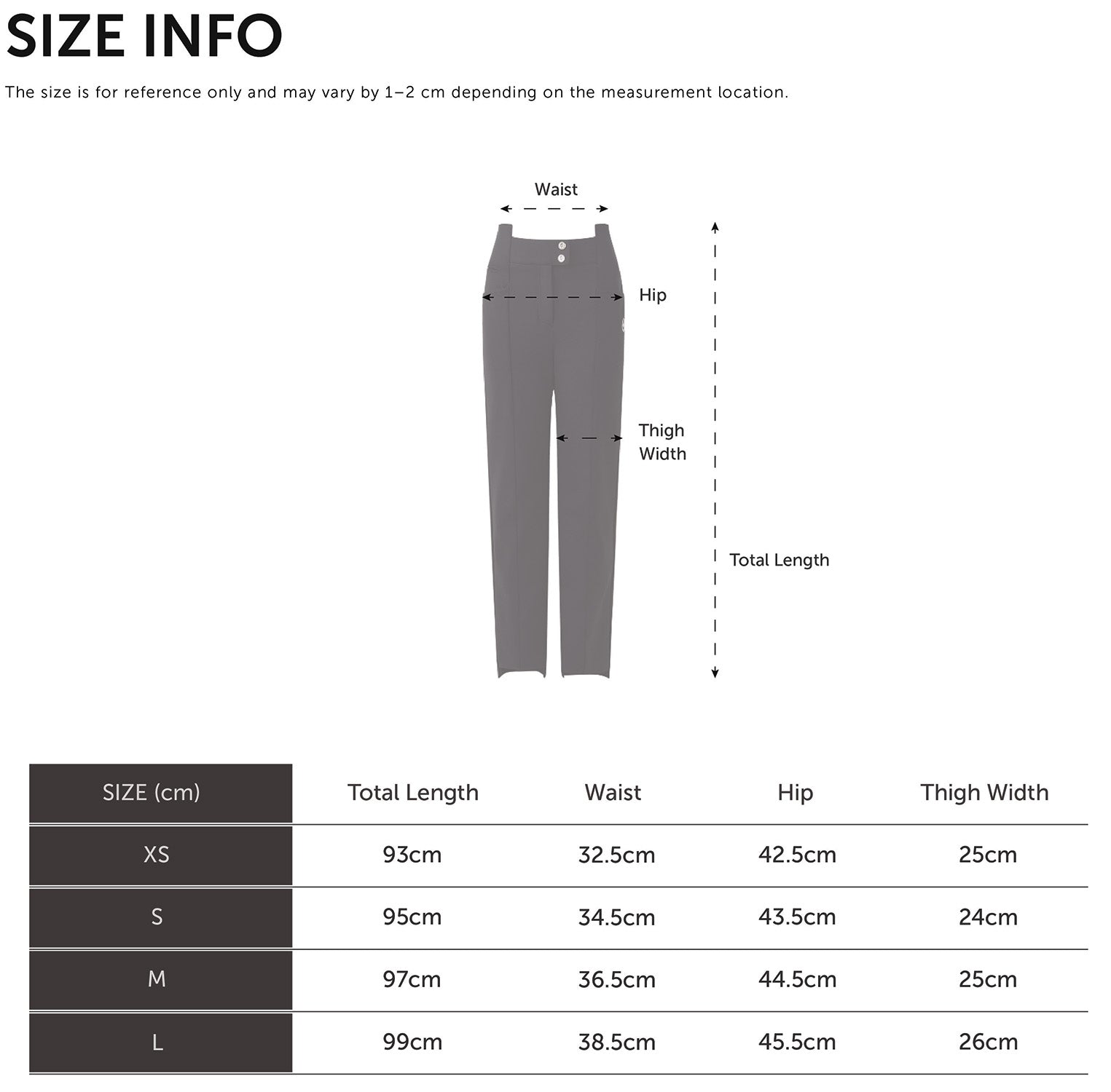 Size Chart for Essential Slim Pants