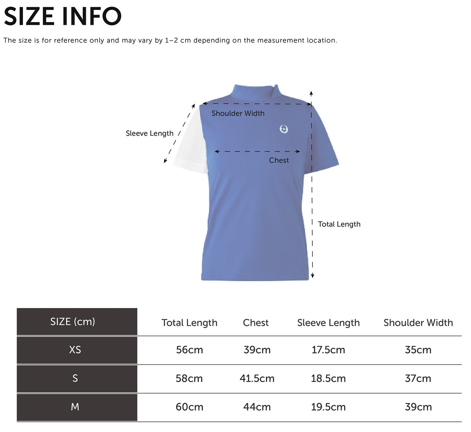 Size Chart for Mesh Short Sleeve