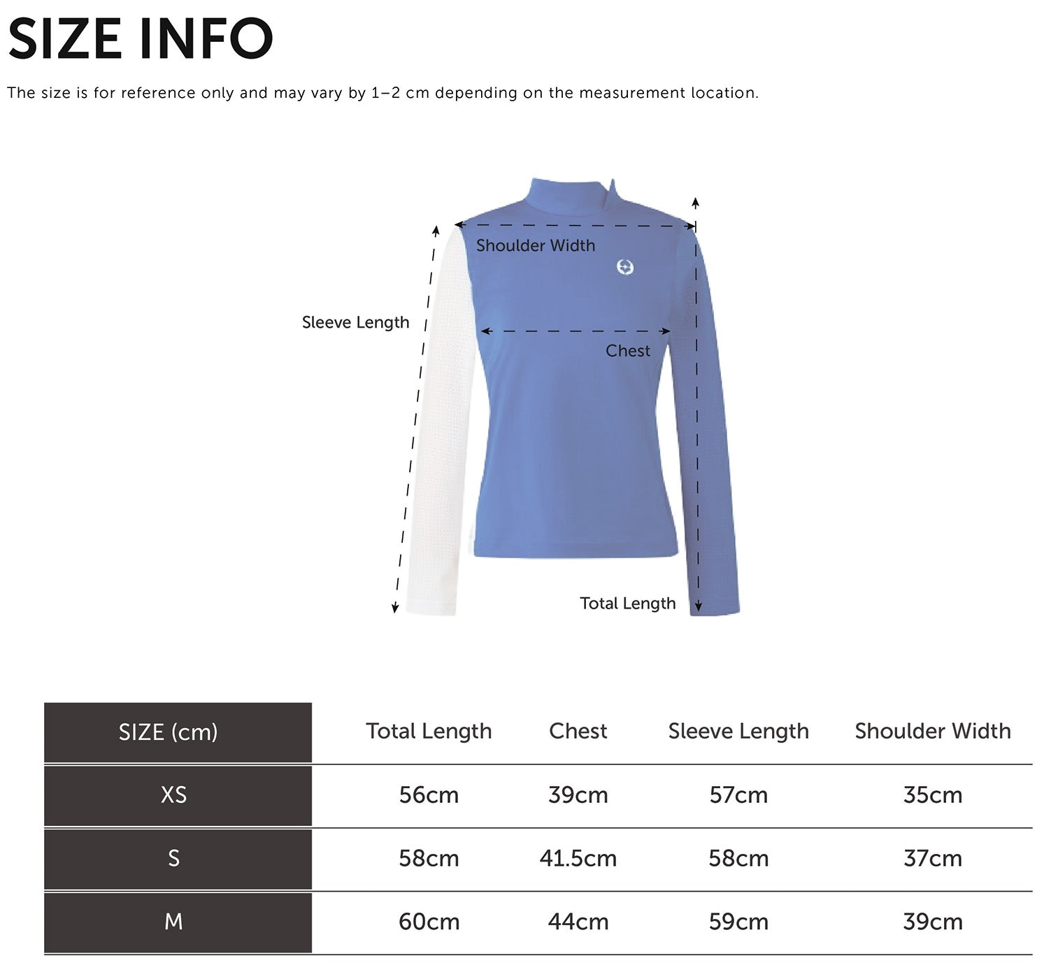 Size Chart for Mesh Long Sleeve