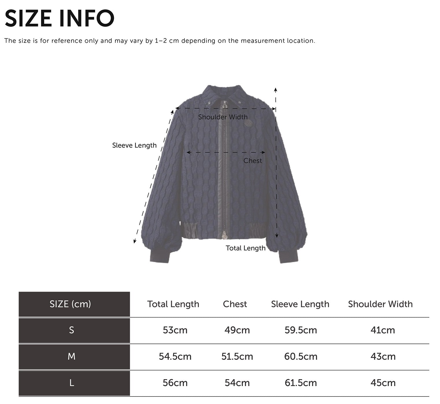 Size Chart for Denim Jacket