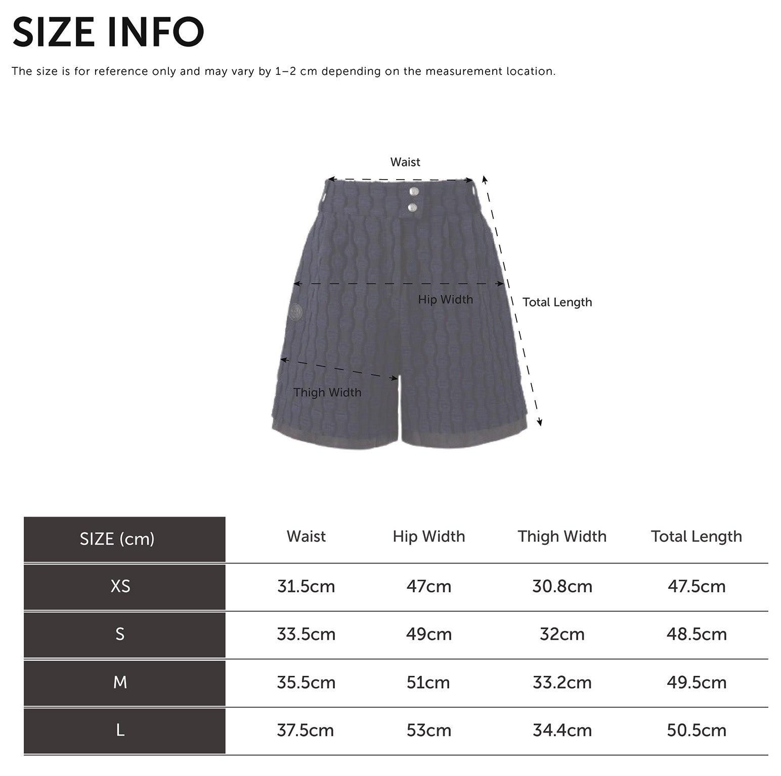 Size Chart for Denim Shorts