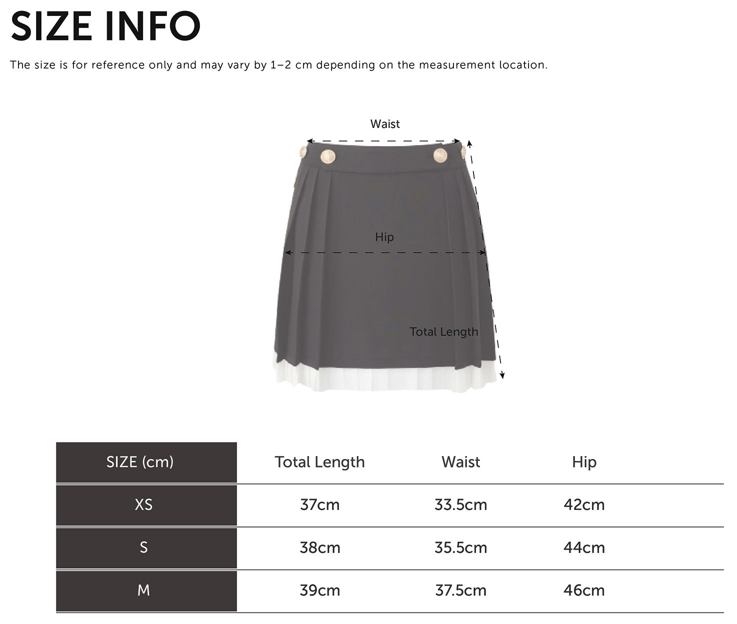 Size Chart for Double Pleat Layer Skirt