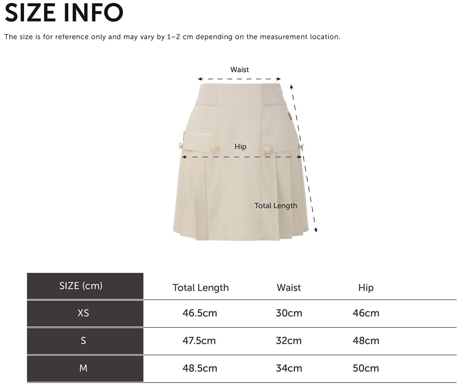 Size Chart for High Waist Pleat Skirt
