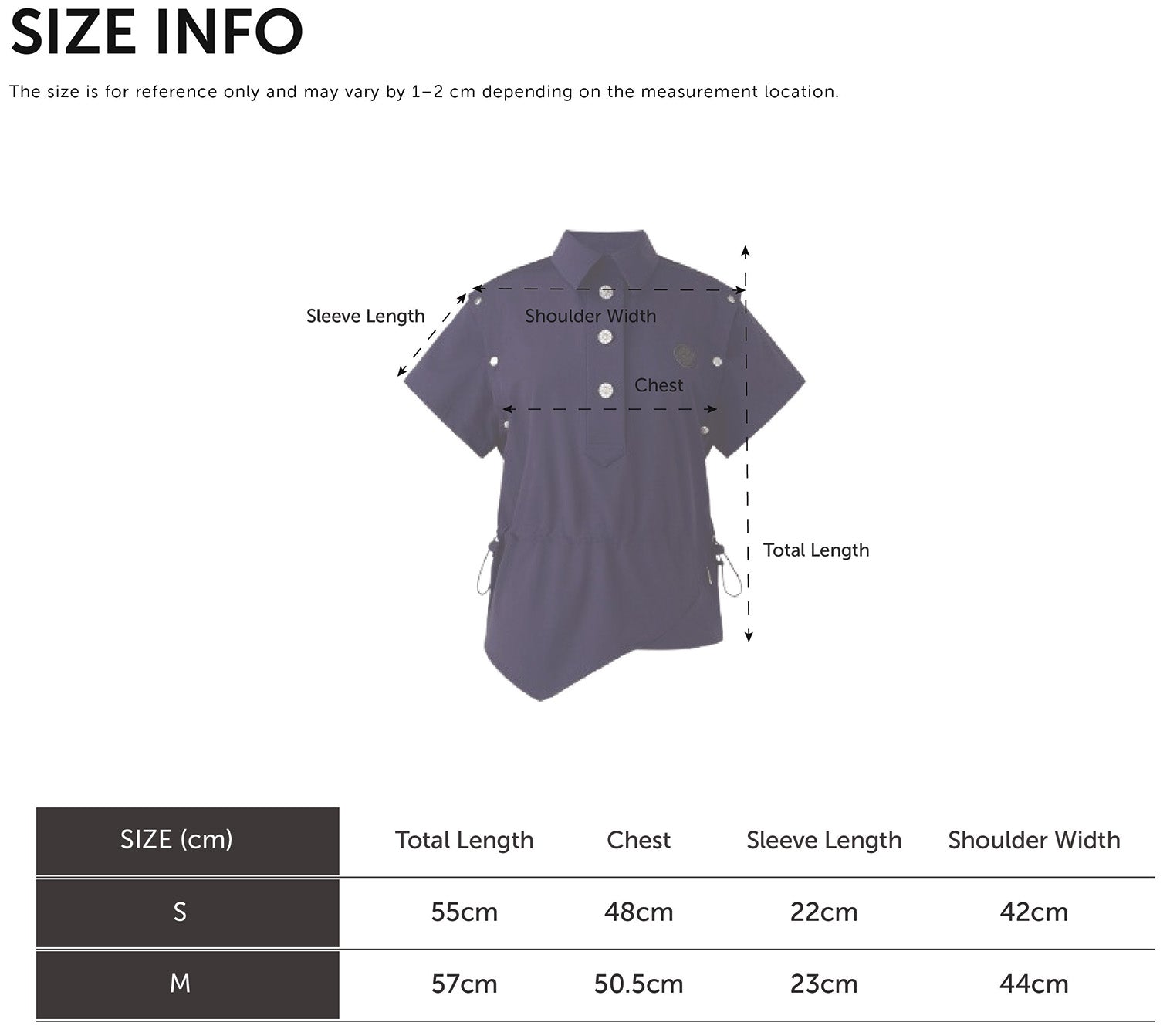 Size Chart for Detachable Short Sleeve