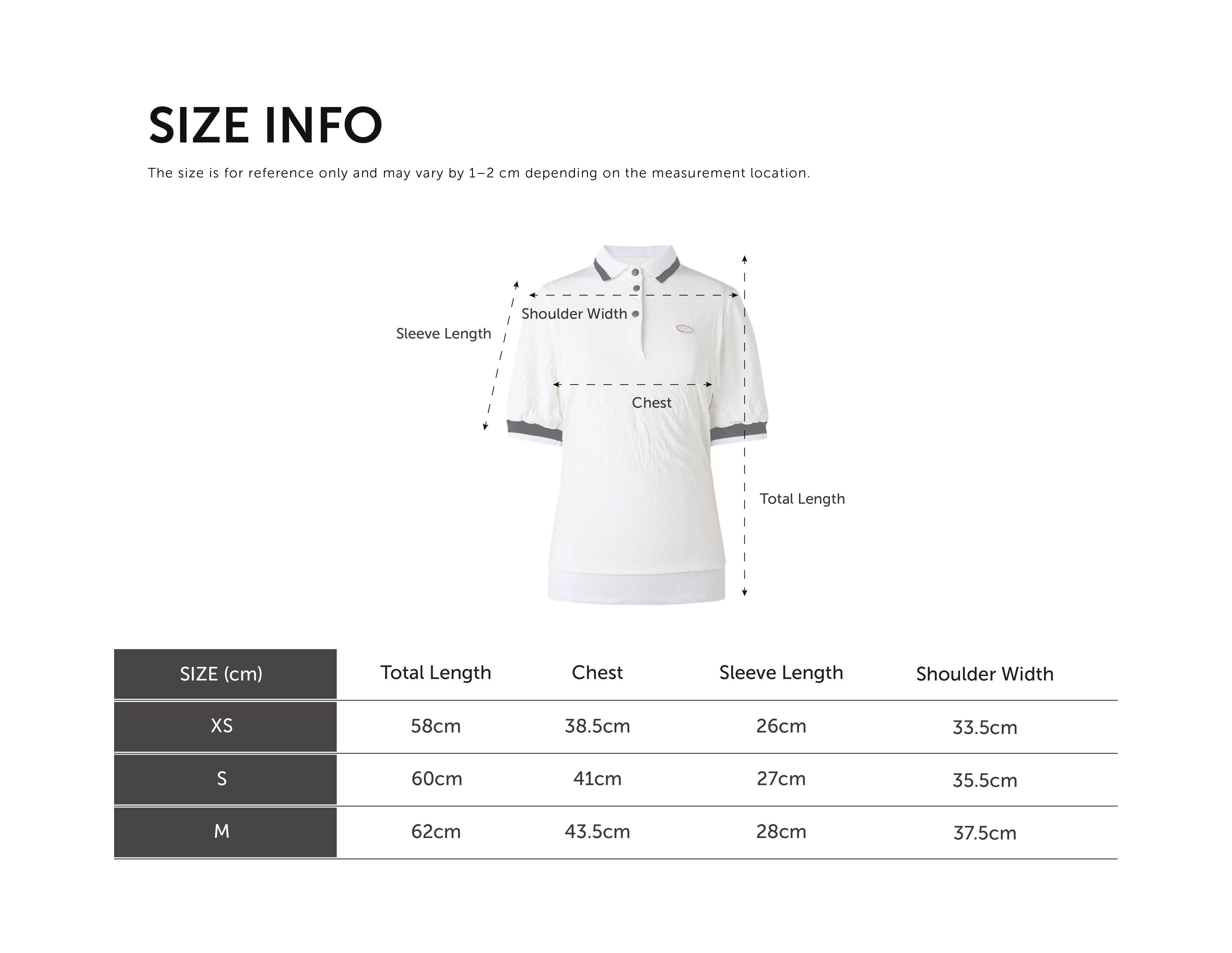 Size Chart for Pleated Polo