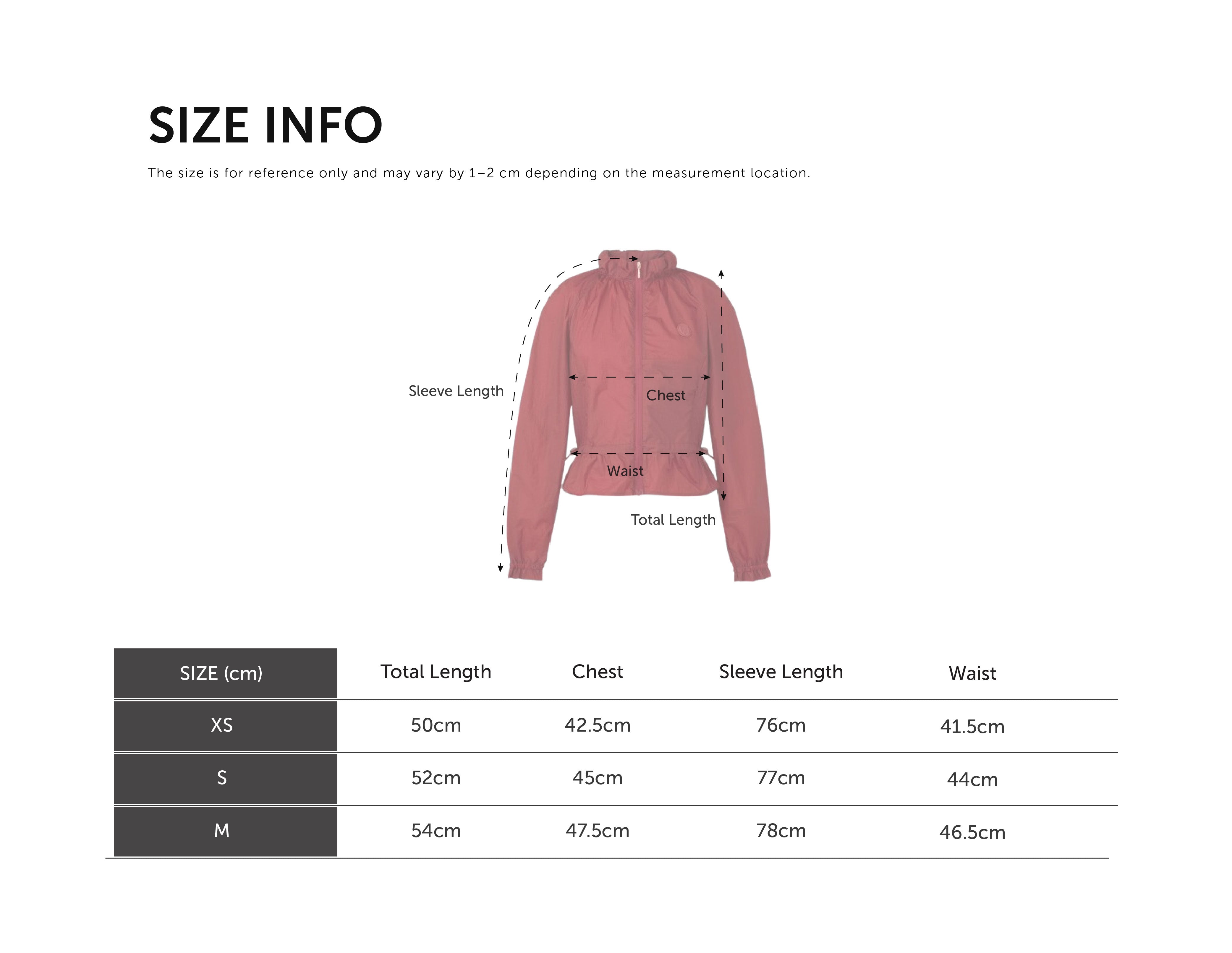 Size Chart for Standneck Windbreaker